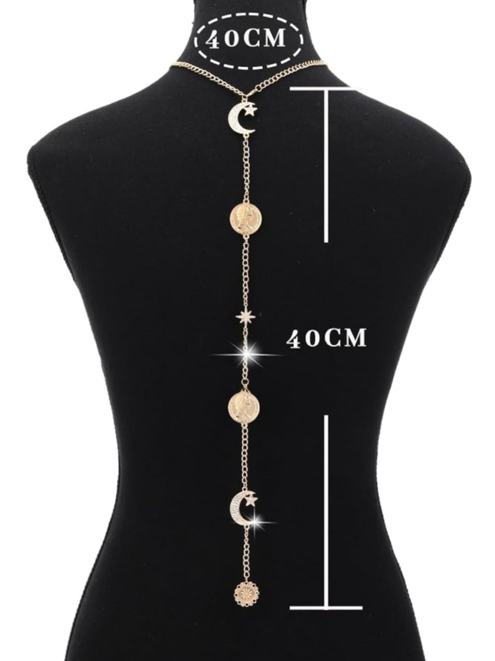 New Gold Back Necklace Moon & Coin Accent Body Chain - Picture 2 of 3